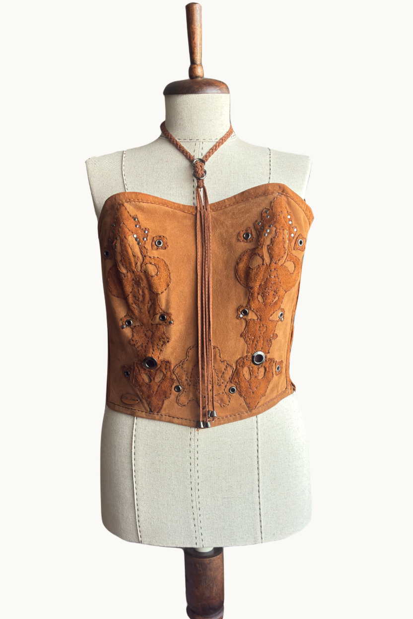 Handcrafted Brown Suede Halter Corset Top with Appliqués