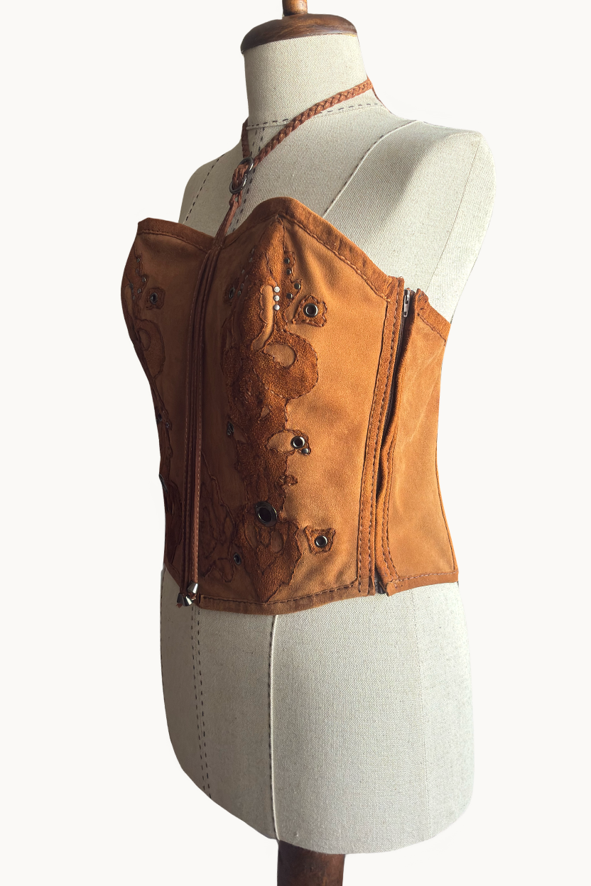Handcrafted Brown Suede Halter Corset Top with Appliqués