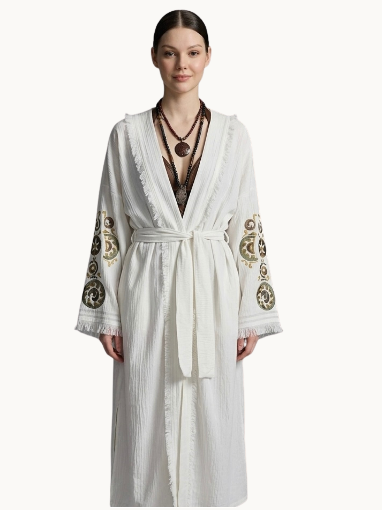 Handcrafted White Aerobin Kimono with Hand-Painted Motifs