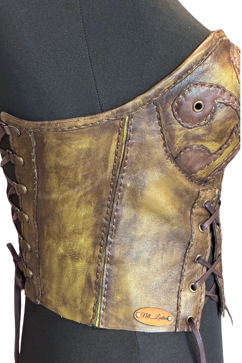 Handcrafted Antiqued Olive Leather Strapless Corset