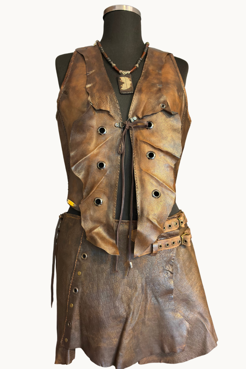 Handcrafted Distressed Leather Ruffle Vest with Eyelets