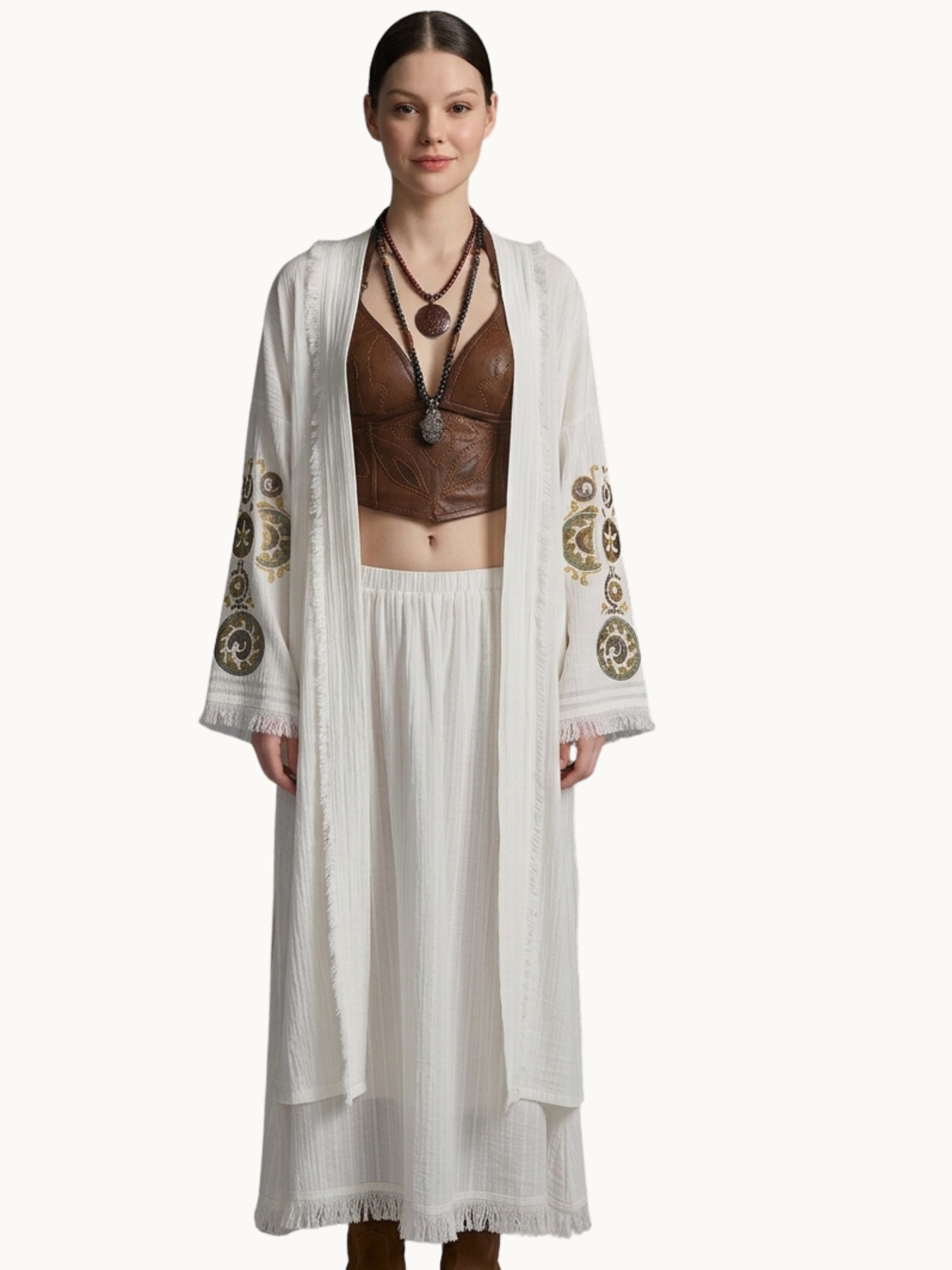 Handcrafted White Aerobin Kimono with Hand-Painted Motifs