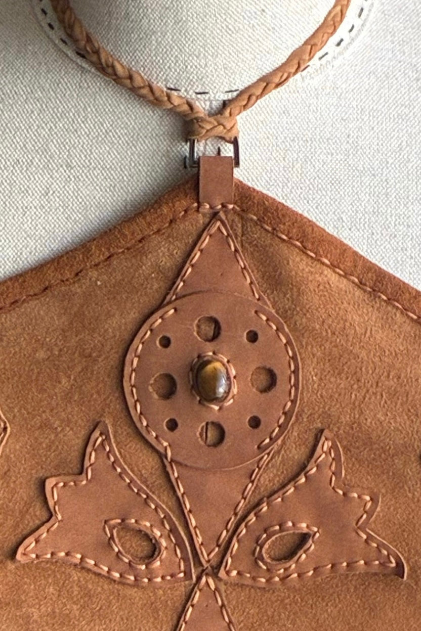 Handcrafted Brown Suede & Leather Tiger Eye Halter Top