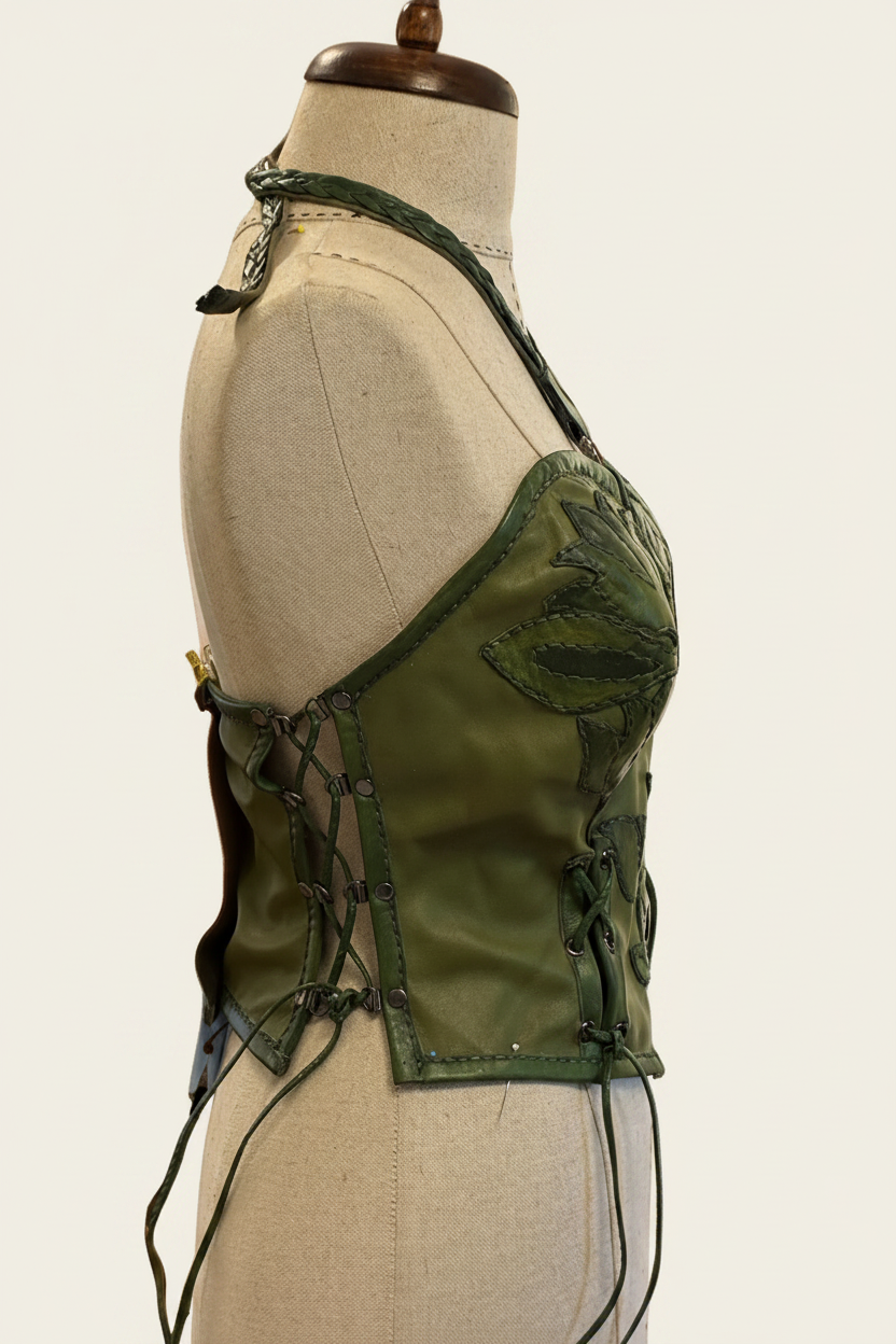 Handcrafted Olive Green Leather Halter Corset Top with Floral Appliqués | Artisan Bustier