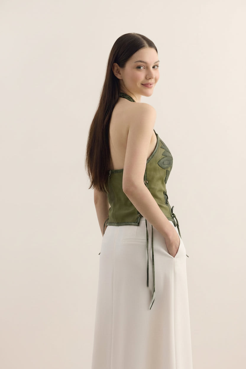 Handcrafted Olive Green Leather Halter Corset Top with Floral Appliqués | Artisan Bustier