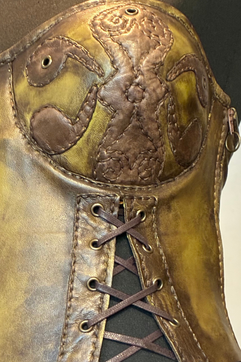 Handcrafted Antiqued Olive Leather Strapless Corset