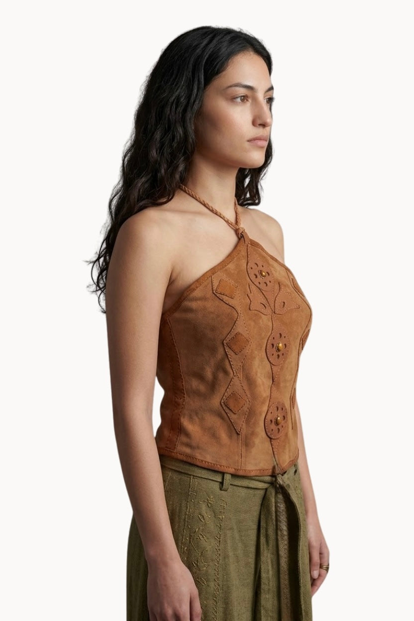 Handcrafted Brown Suede & Leather Tiger Eye Halter Top