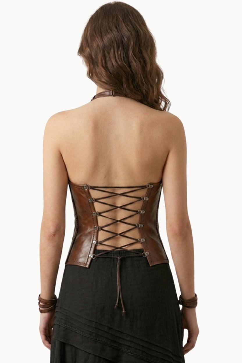 Chaleco Halter de Cuero Marrón con Cordones y Apliques Hecho a Mano