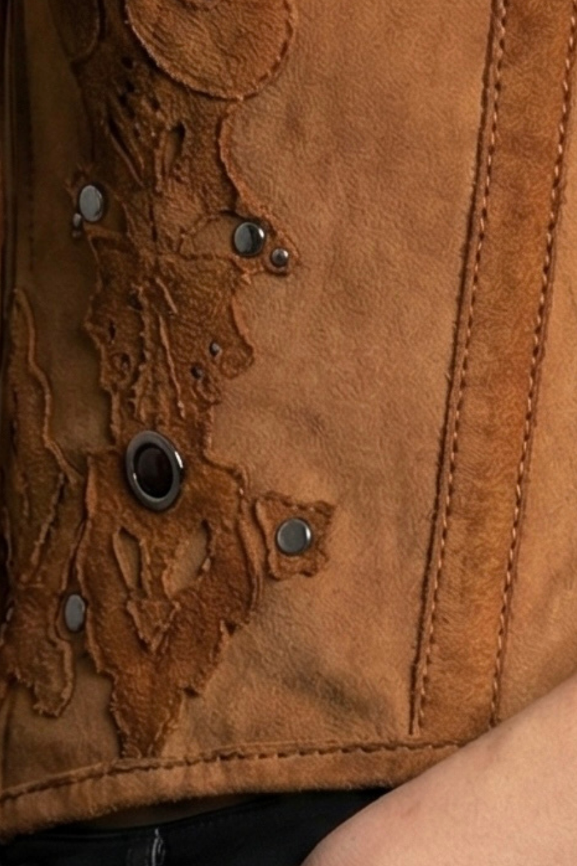 Handcrafted Brown Suede Halter Corset Top with Appliqués