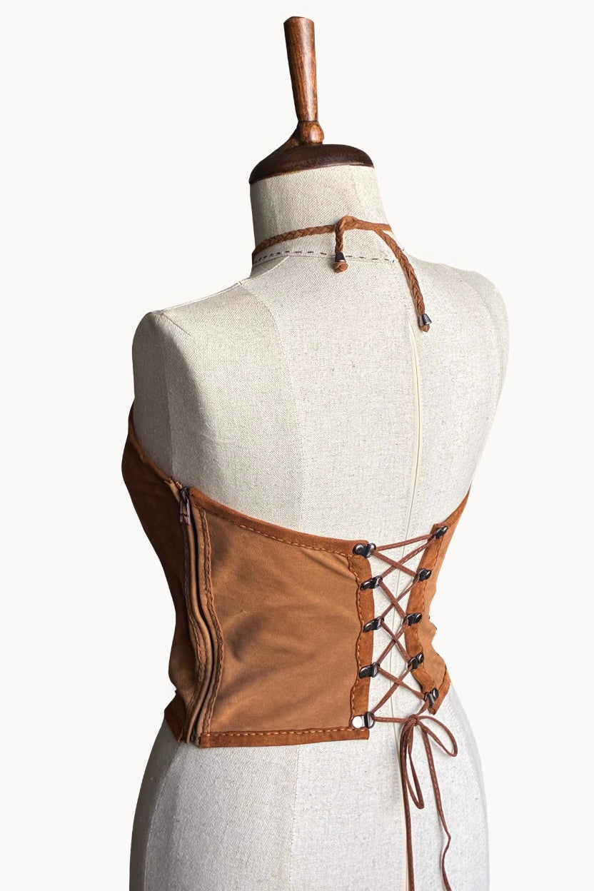 Handcrafted Brown Suede & Leather Tiger Eye Halter Top