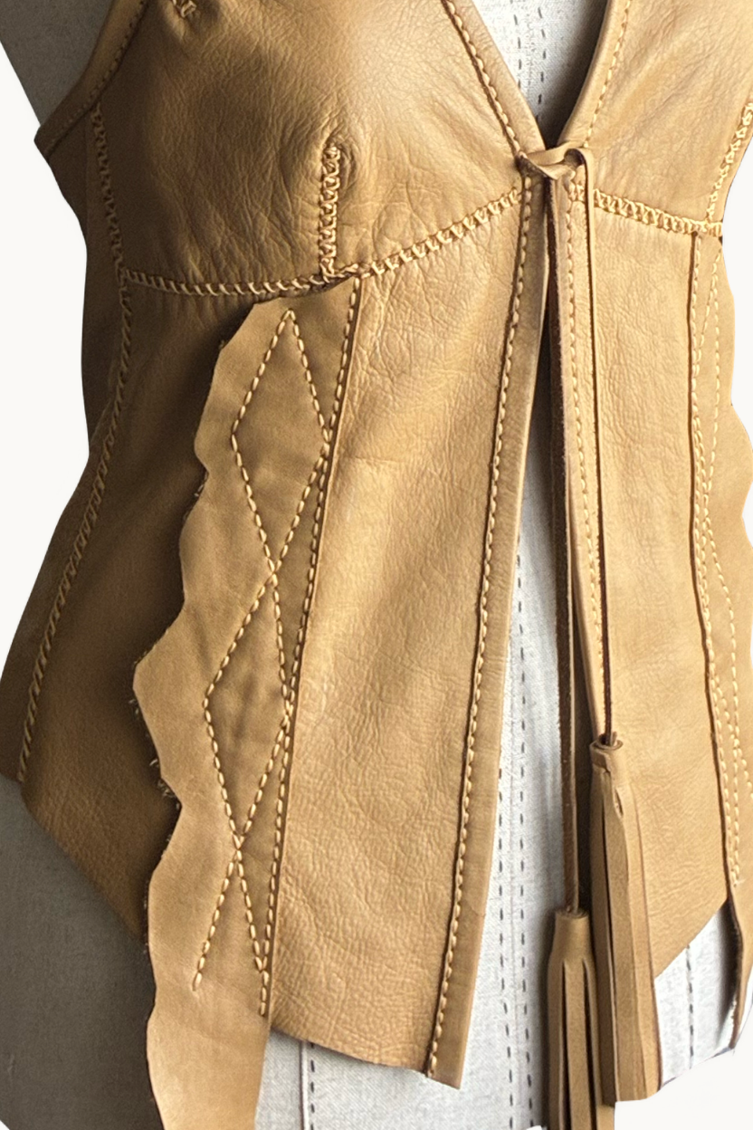 Handcrafted Tan Leather Halter Vest with Geometric Stitching