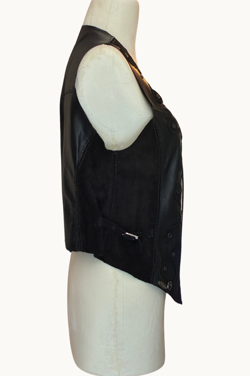 Handcrafted Black Leather & Suede Vest with Eyelets