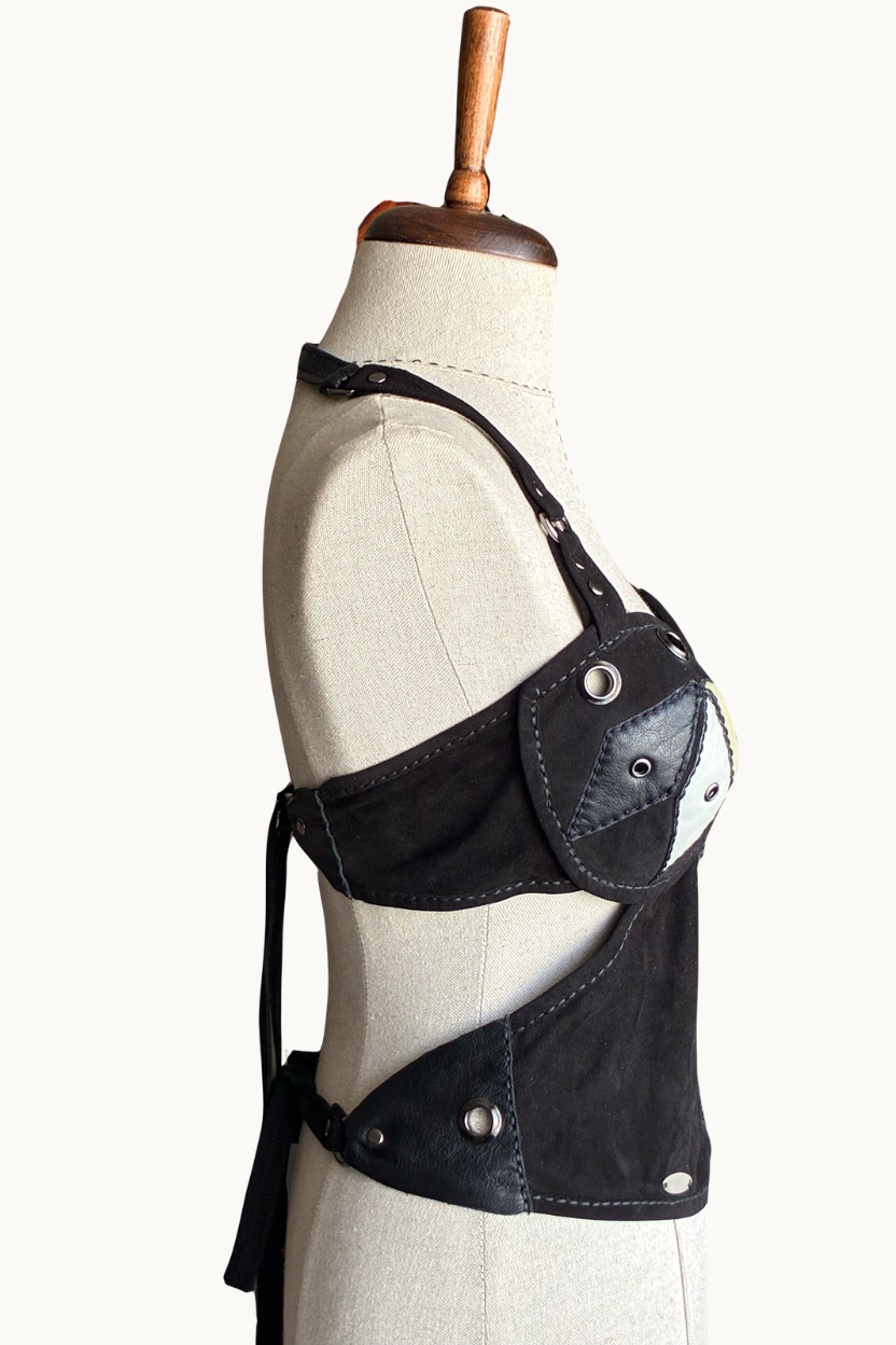 Handcrafted Black Suede Geometric Patchwork Halter Top