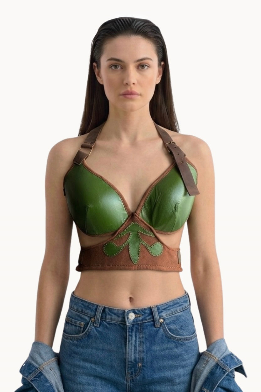 Yaprak Aplikeli El Yapımı Yeşil Deri Bralet Koşum Takımı