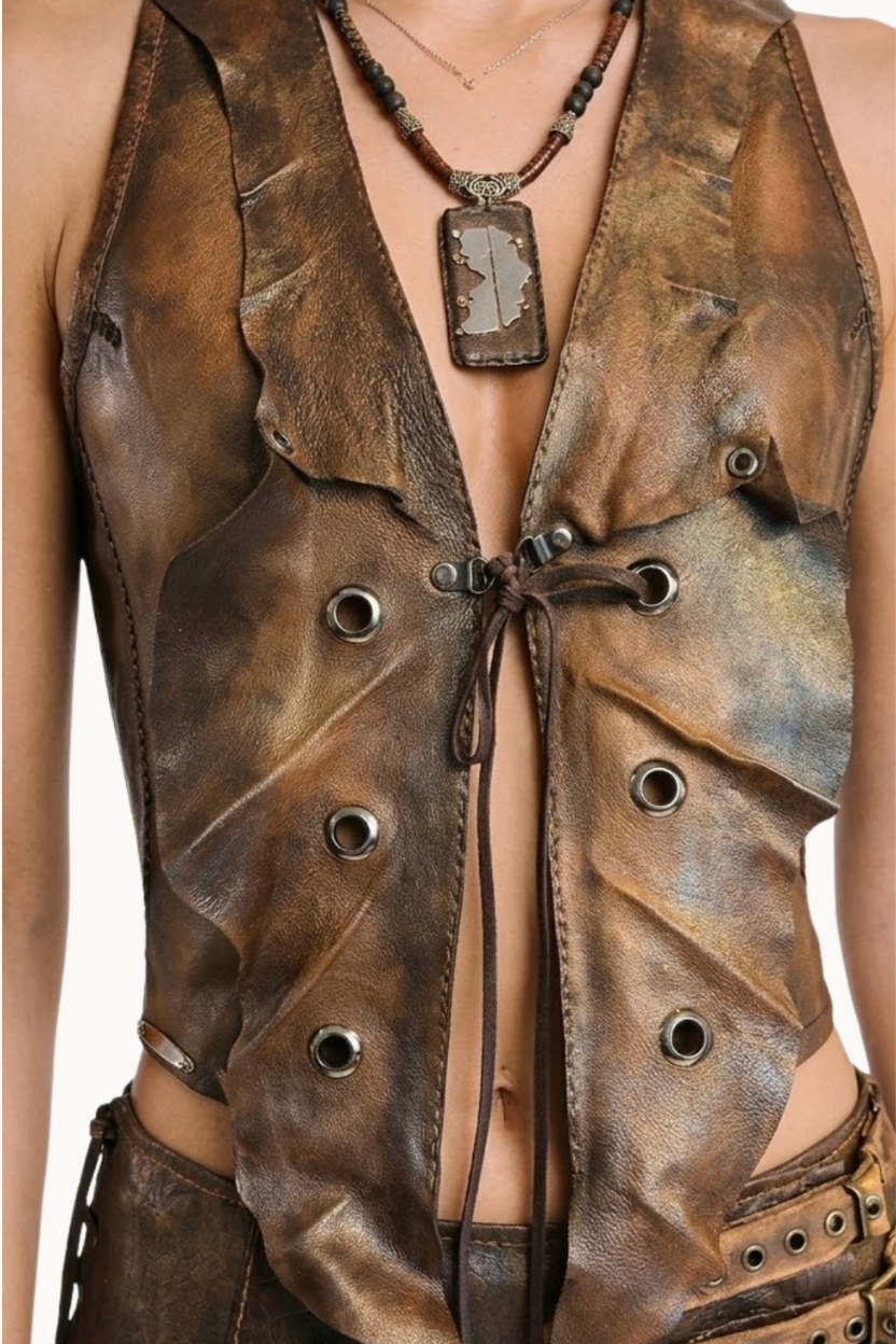Handcrafted Distressed Leather Ruffle Vest with Eyelets