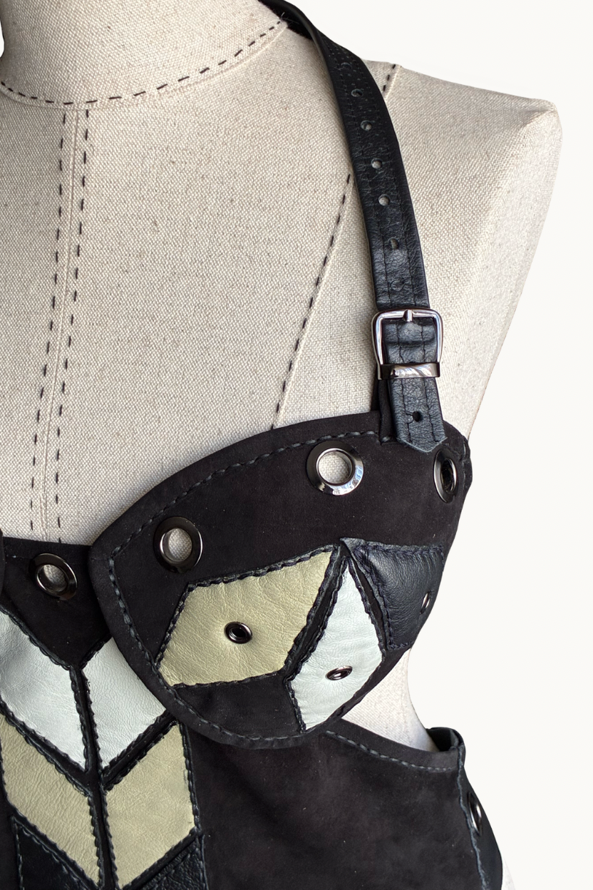 Handcrafted Black Suede Geometric Patchwork Halter Top