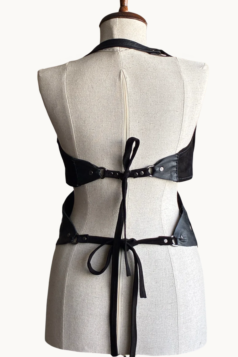Handcrafted Black Suede Geometric Patchwork Halter Top
