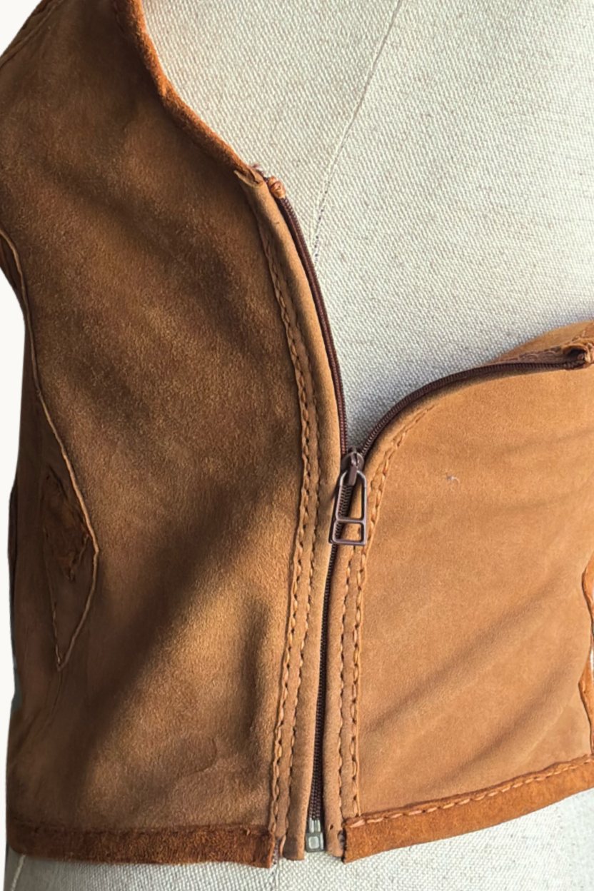Handcrafted Brown Suede & Leather Tiger Eye Halter Top
