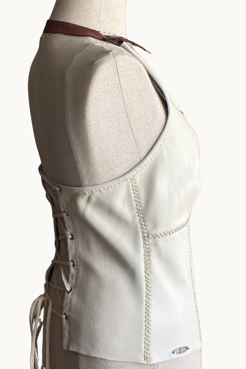 Handcrafted Cream Leather Halter Top with Lace-Up Back
