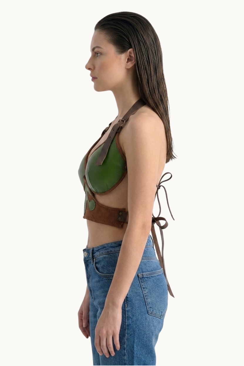 Yaprak Aplikeli El Yapımı Yeşil Deri Bralet Koşum Takımı