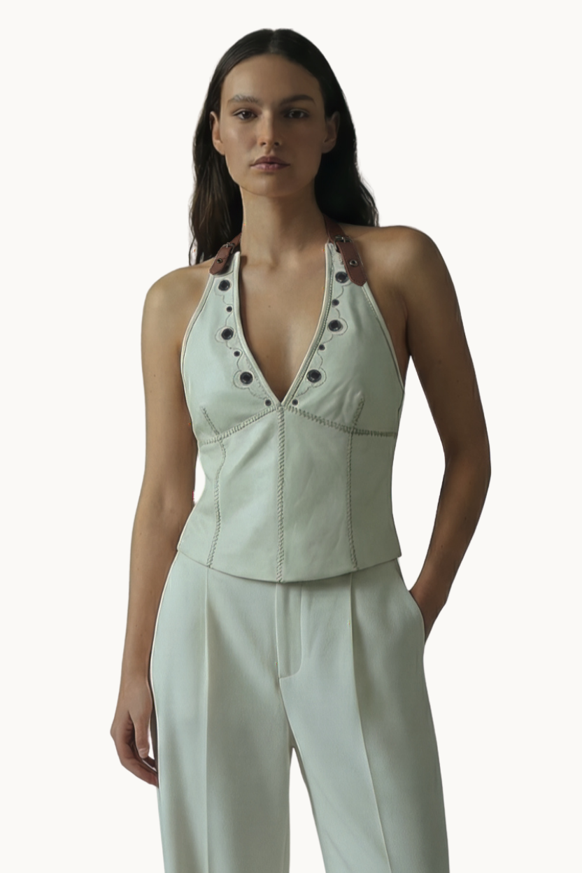 Handcrafted Cream Leather Halter Top with Lace-Up Back