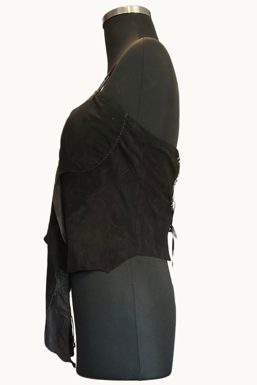 Handcrafted Black Suede Draped Corset with Cutout Strap