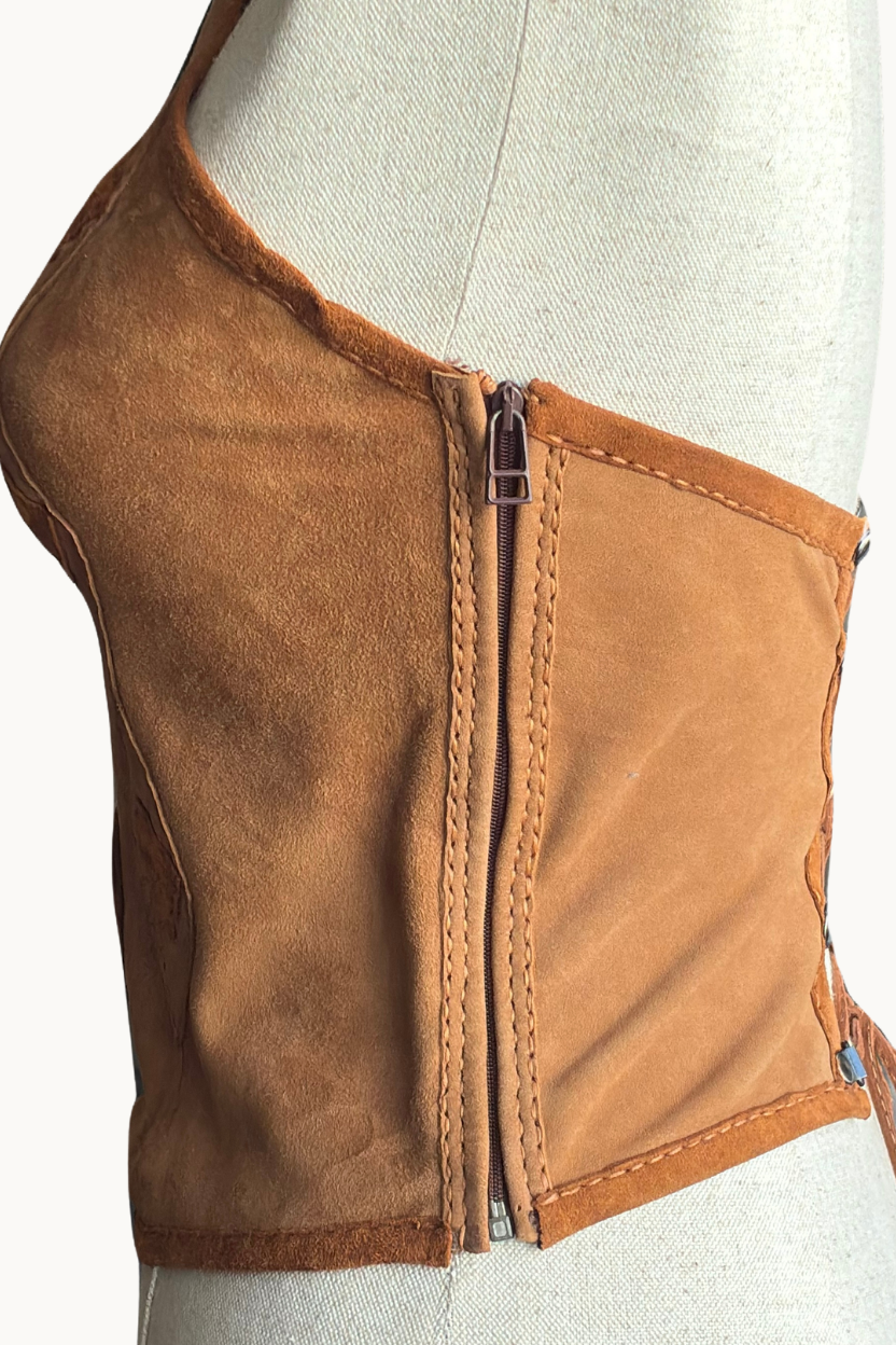 Handcrafted Brown Suede & Leather Tiger Eye Halter Top