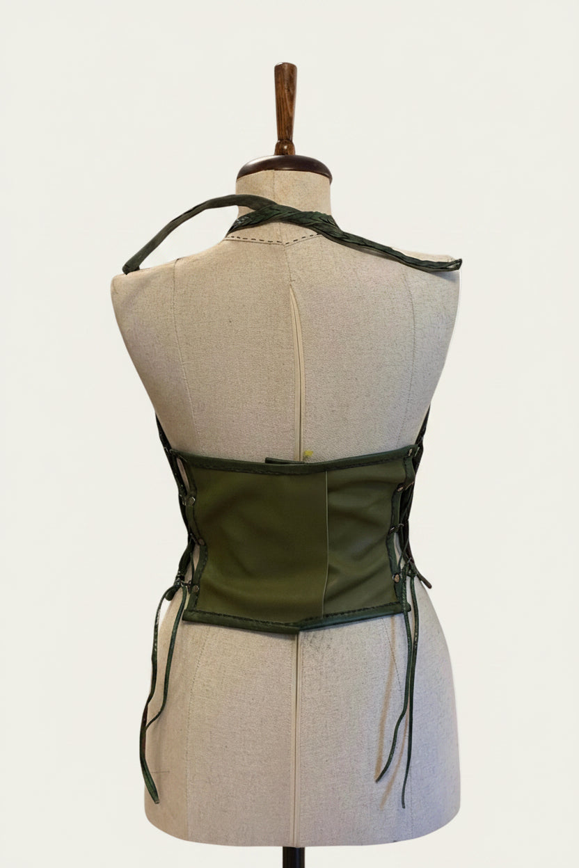 Handcrafted Olive Green Leather Halter Corset Top with Floral Appliqués | Artisan Bustier