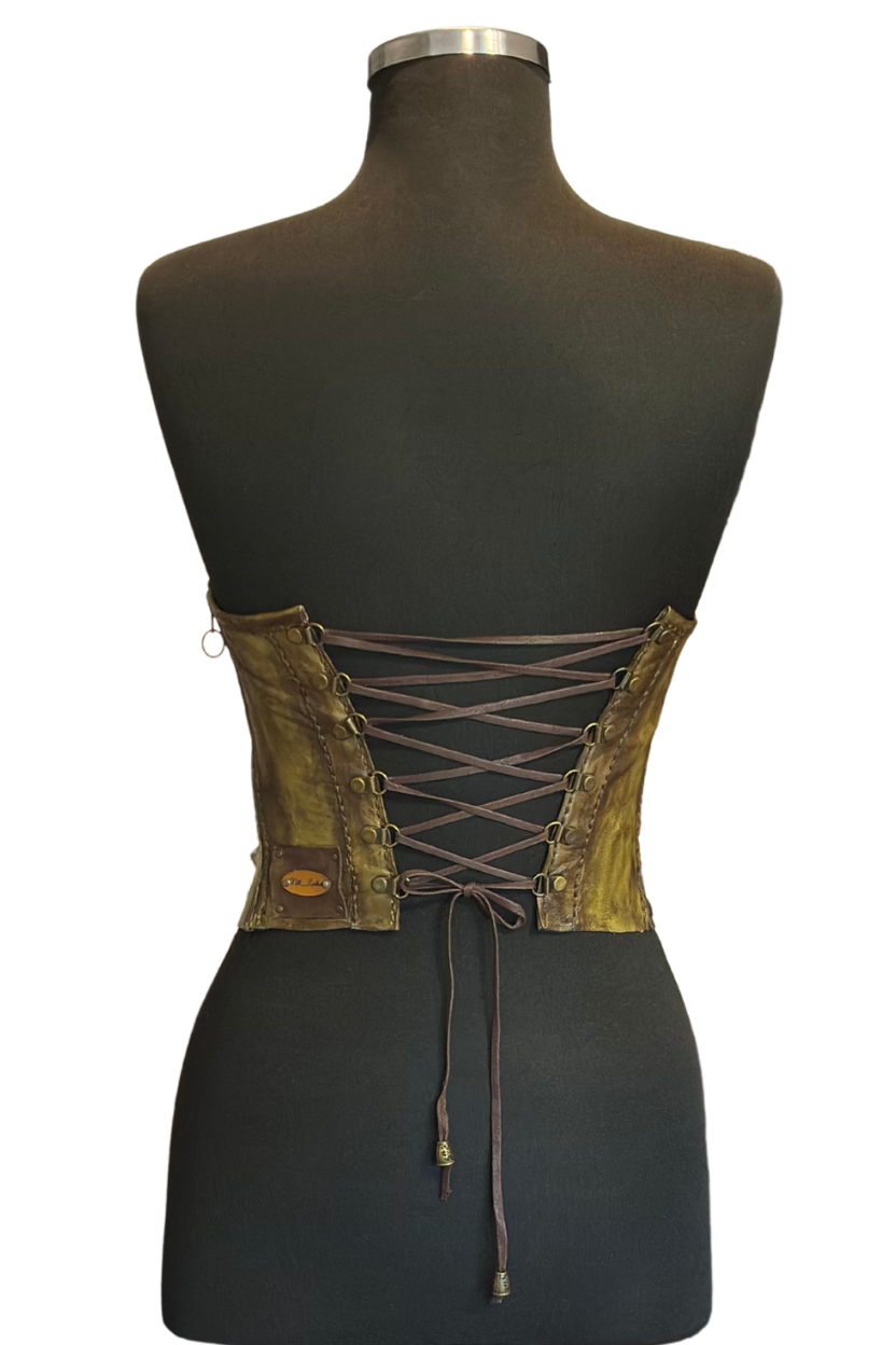 Handcrafted Antiqued Olive Leather Strapless Corset
