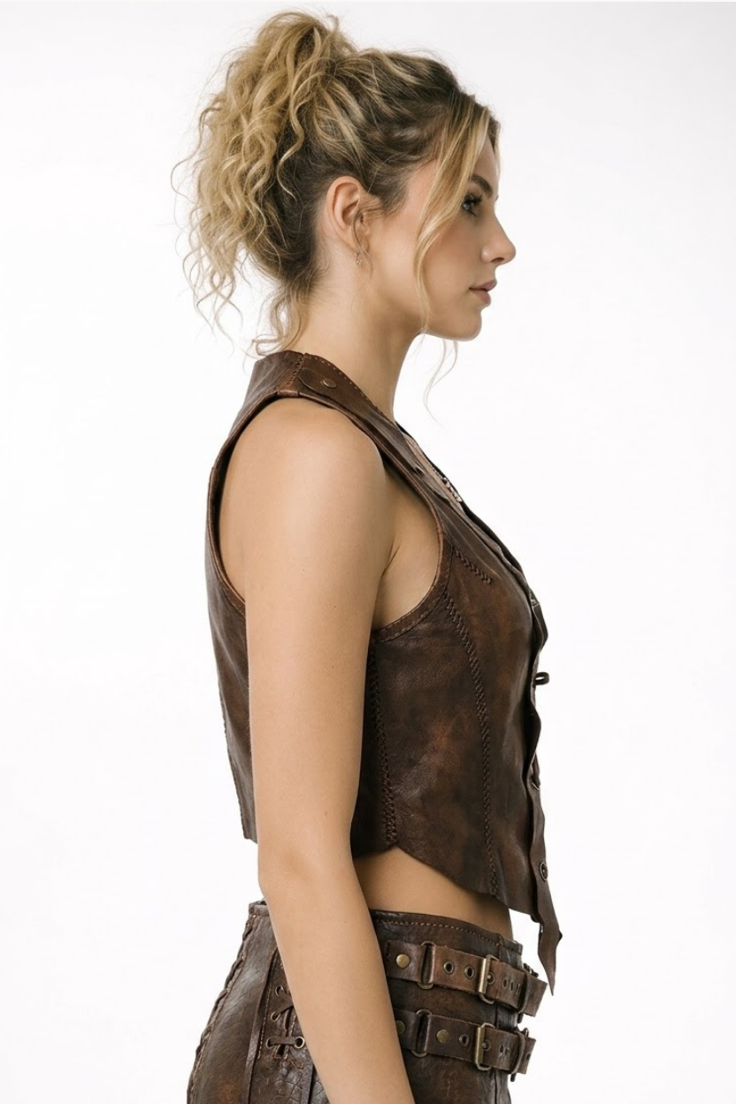 Handcrafted Distressed Leather Ruffle Vest with Eyelets