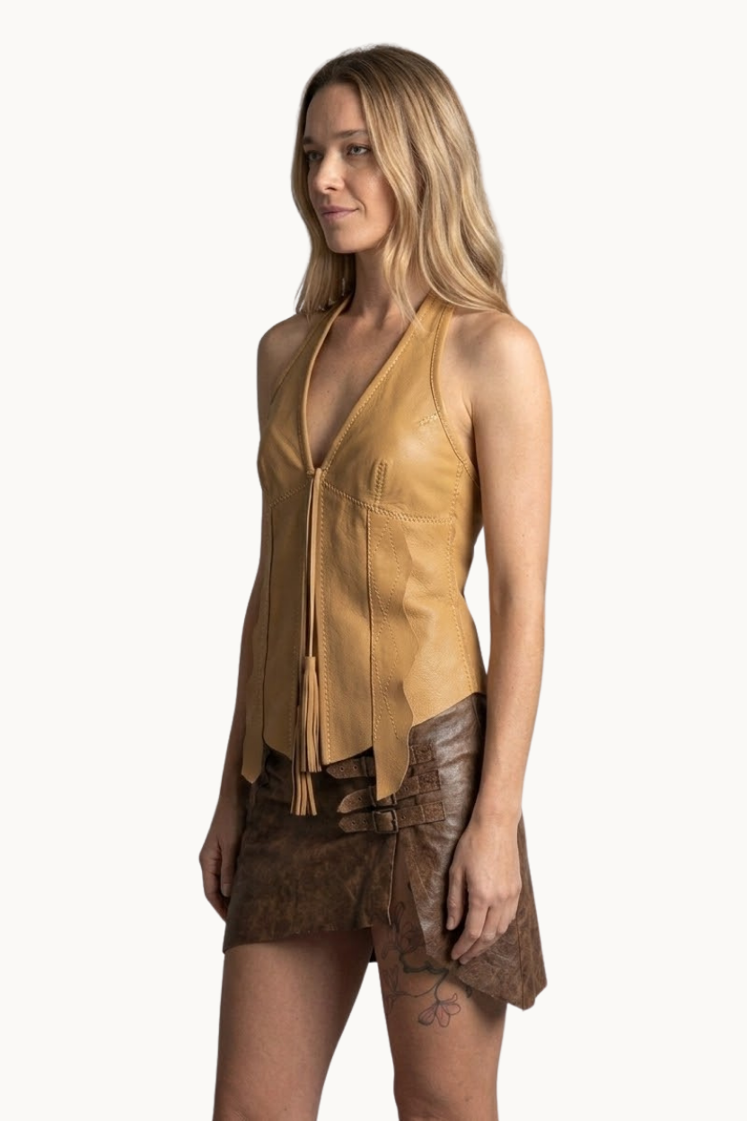 Handcrafted Tan Leather Halter Vest with Geometric Stitching