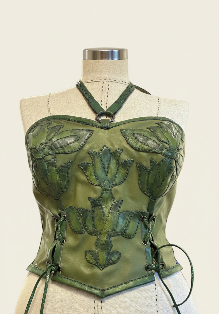 Handcrafted Olive Green Leather Halter Corset Top with Floral Appliqués | Artisan Bustier