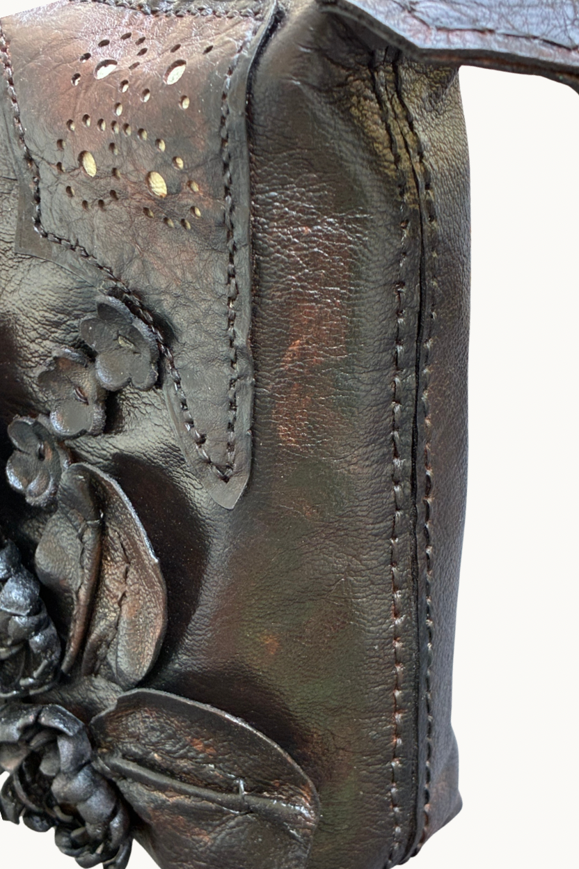 Handcrafted Leather Crossbody Bag with 3D Floral Appliqué