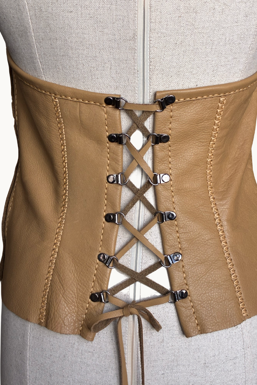 Handcrafted Tan Leather Halter Vest with Geometric Stitching