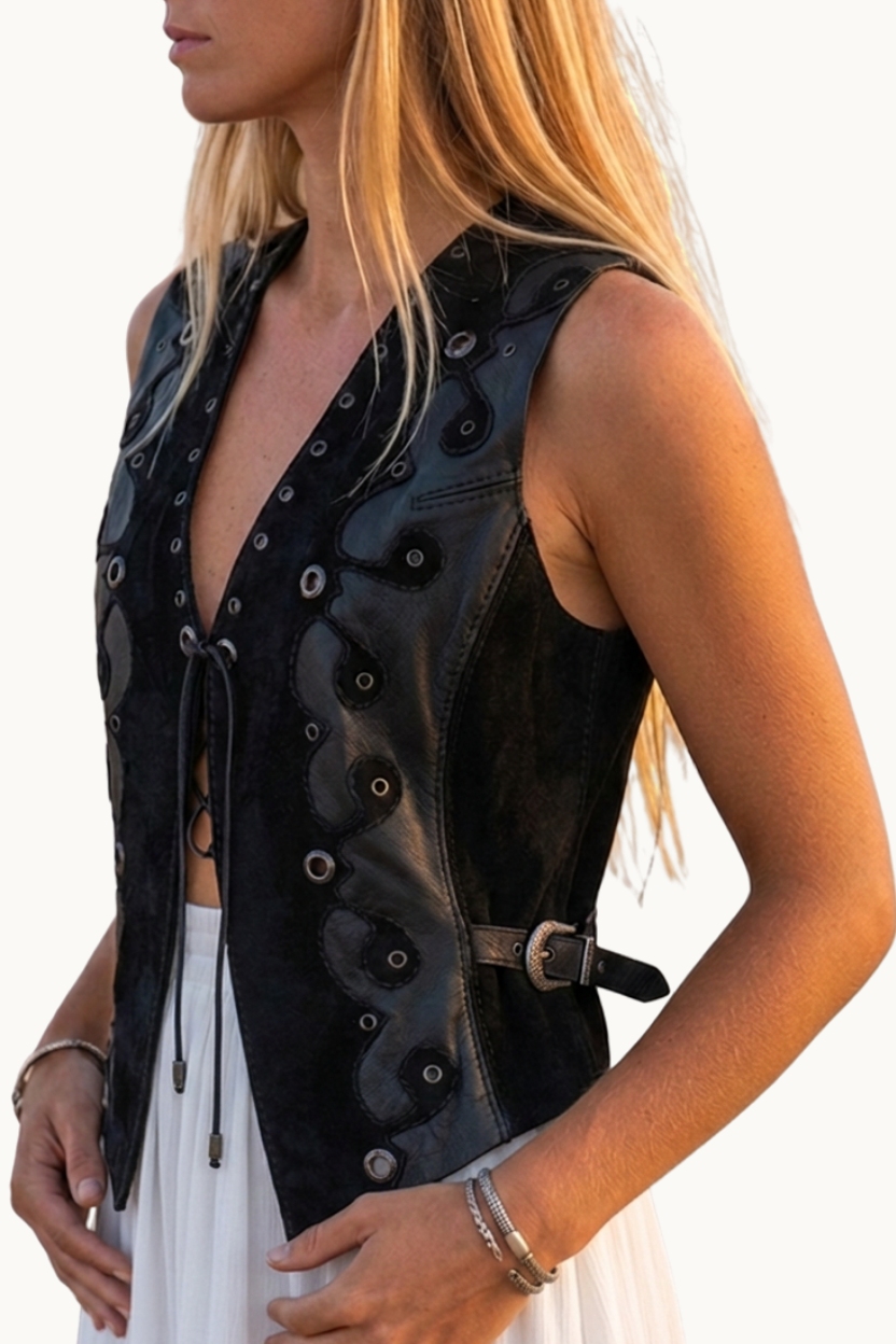Handcrafted Black Leather & Suede Vest with Eyelets