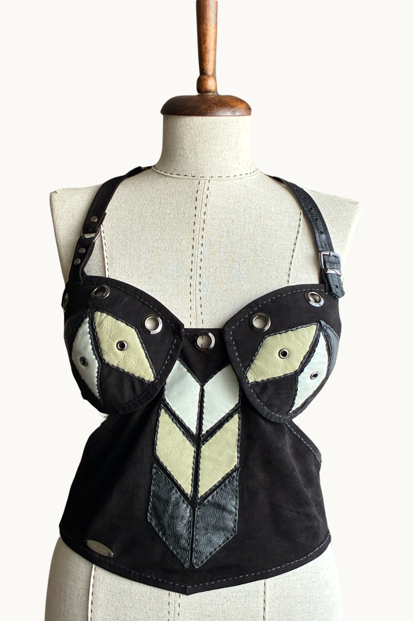 Handcrafted Black Suede Geometric Patchwork Halter Top