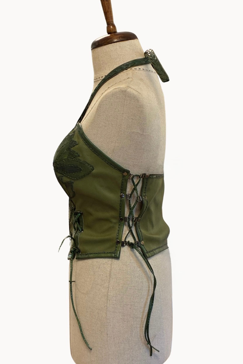 El Yapımı Zeytin Yeşili Deri Halter Korse Üst, Çiçek Aplike Detaylı | Butik Büstiyer