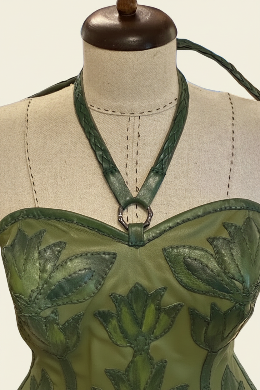 Handcrafted Olive Green Leather Halter Corset Top with Floral Appliqués | Artisan Bustier