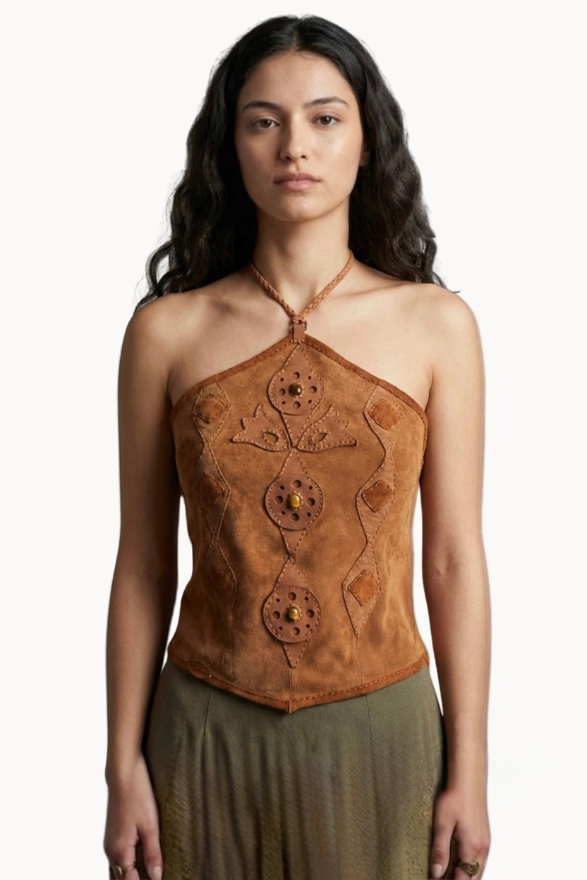 Handcrafted Brown Suede & Leather Tiger Eye Halter Top