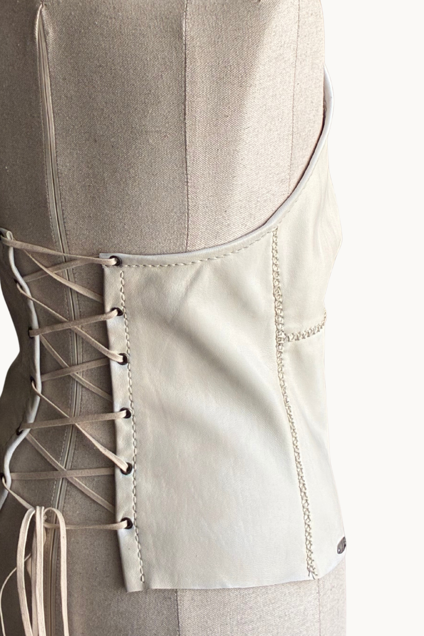 Handcrafted Cream Leather Halter Top with Lace-Up Back