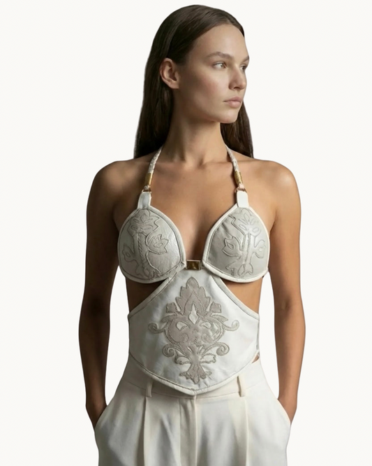 Hand-Embellished Ivory Halter Bustier