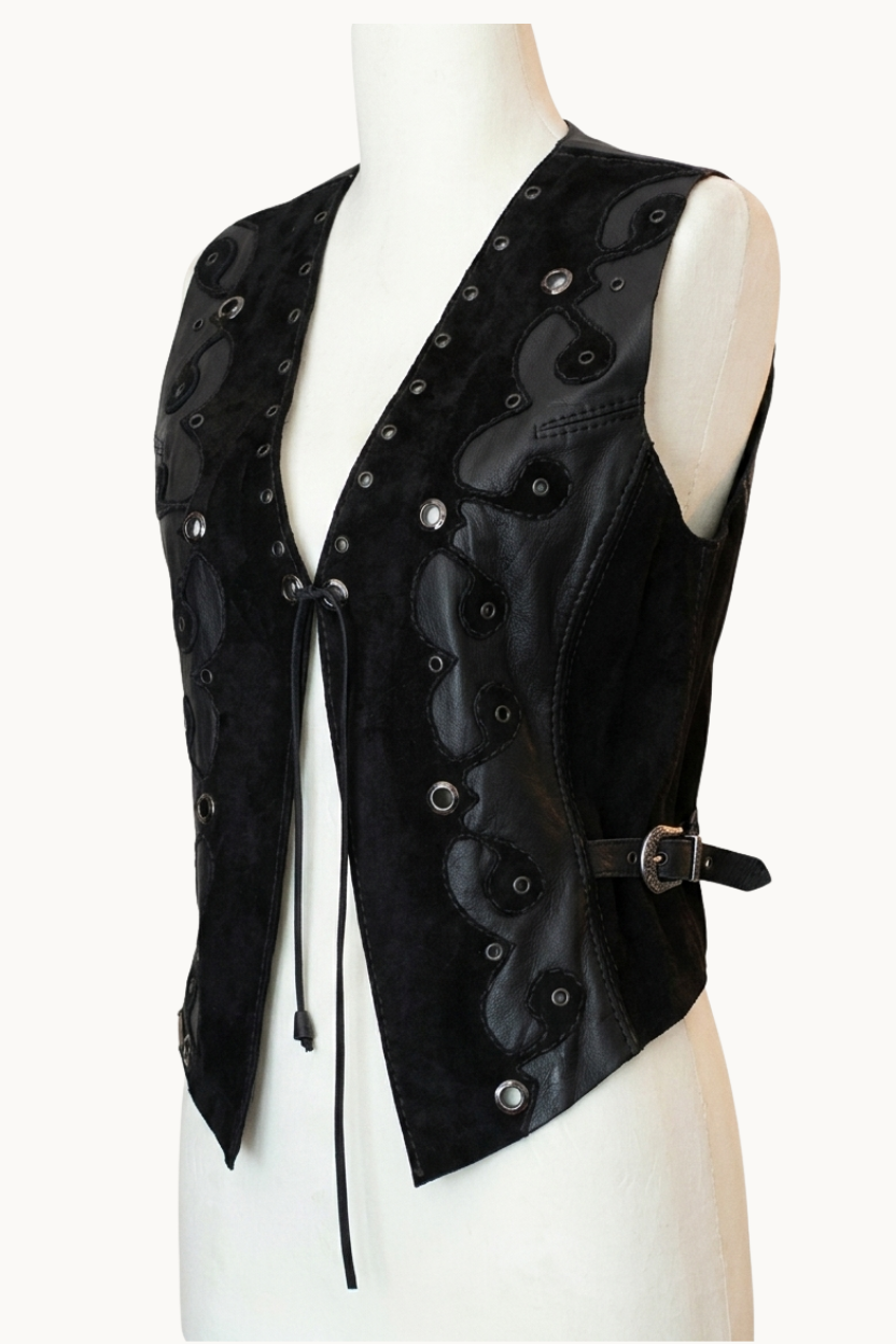 Handcrafted Black Leather & Suede Vest with Eyelets