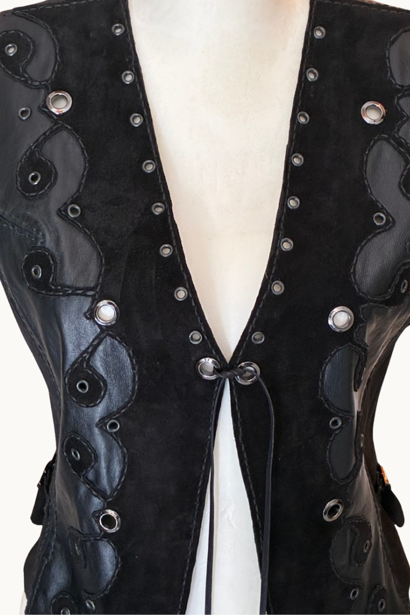 Handcrafted Black Leather & Suede Vest with Eyelets