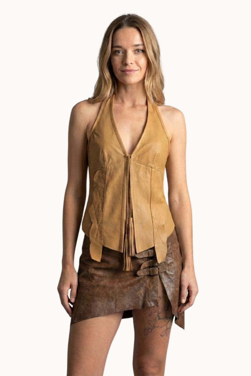Handcrafted Tan Leather Halter Vest with Geometric Stitching