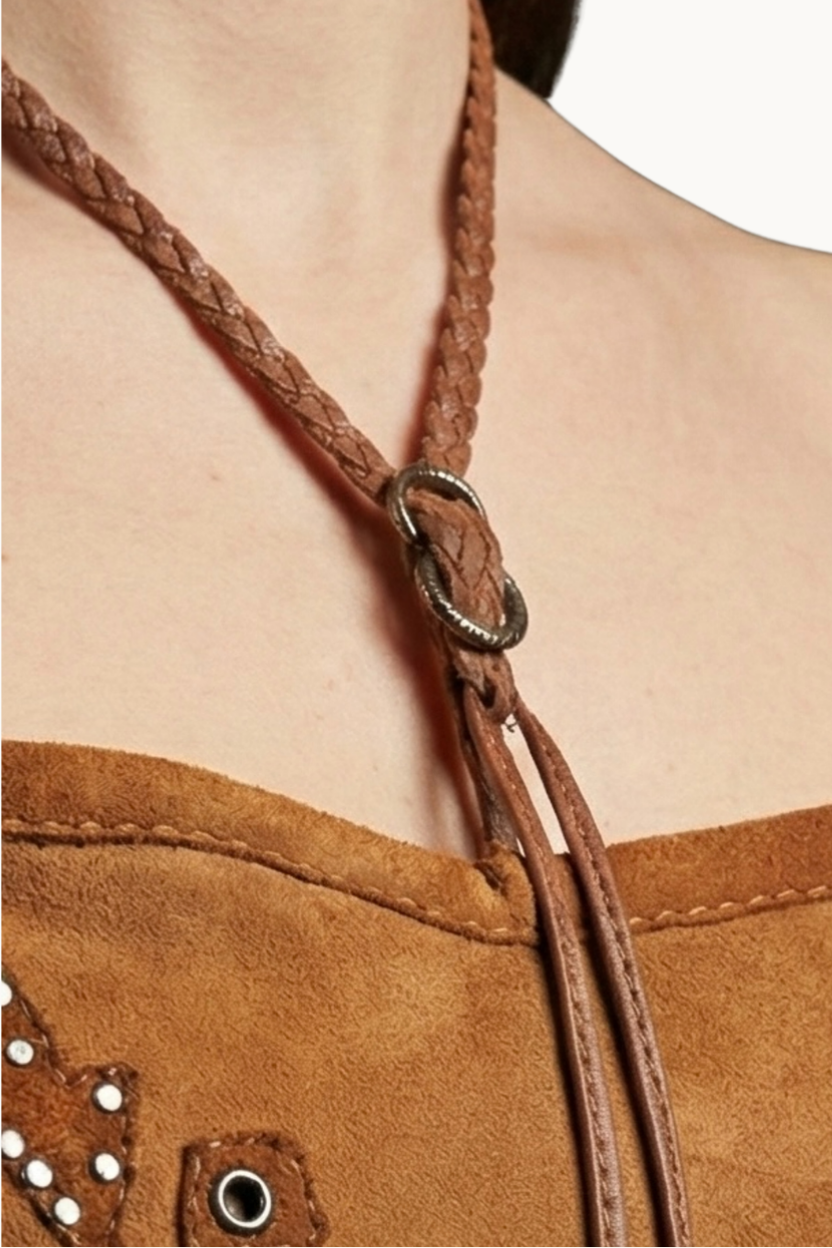 Handcrafted Brown Suede Halter Corset Top with Appliqués