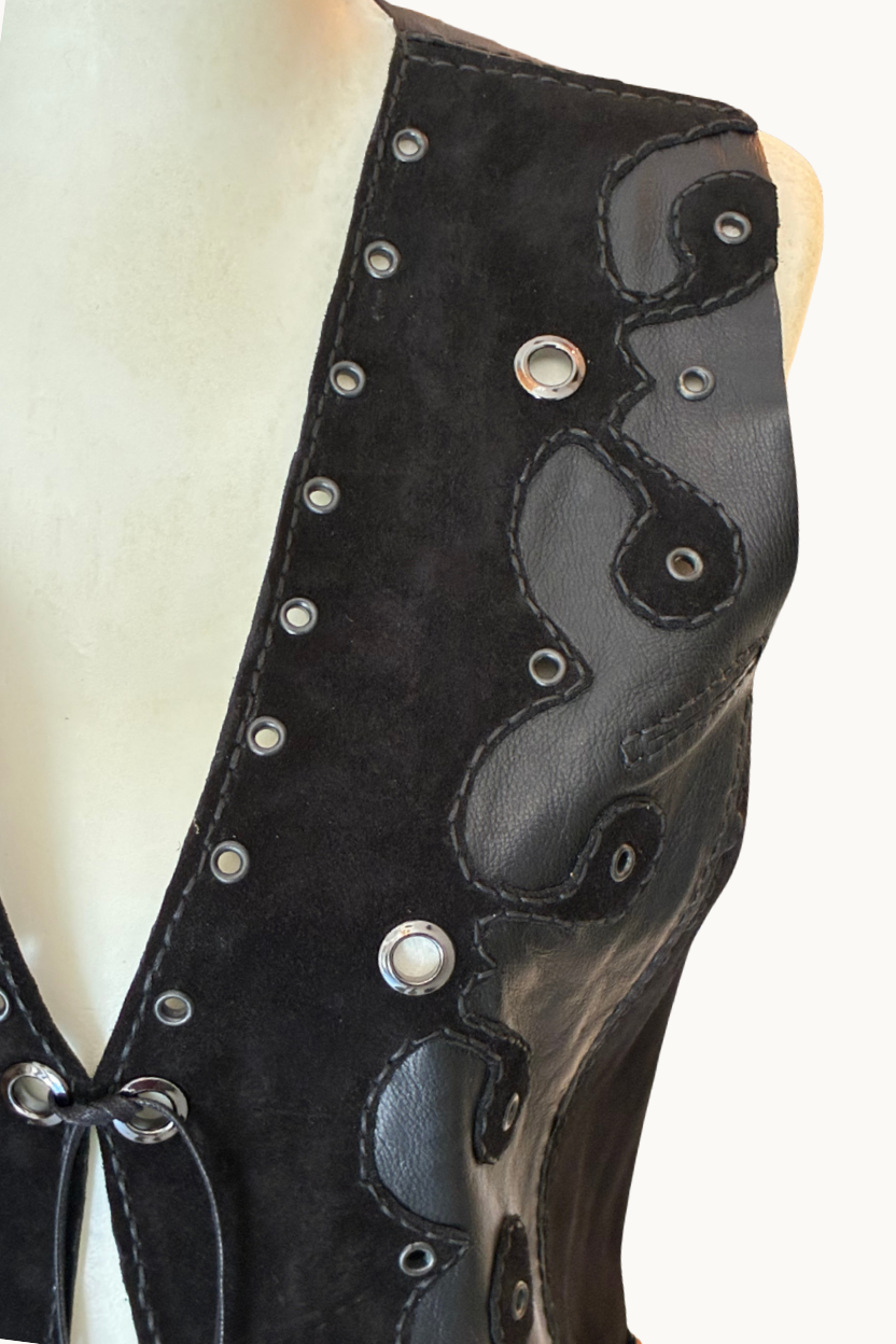 Handcrafted Black Leather & Suede Vest with Eyelets