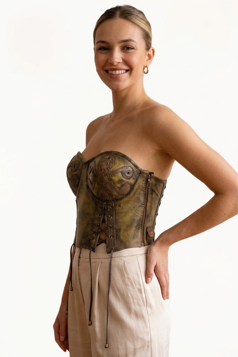 Handcrafted Antiqued Olive Leather Strapless Corset