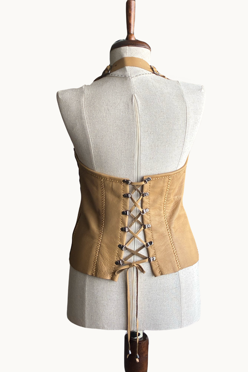Handcrafted Tan Leather Halter Vest with Geometric Stitching
