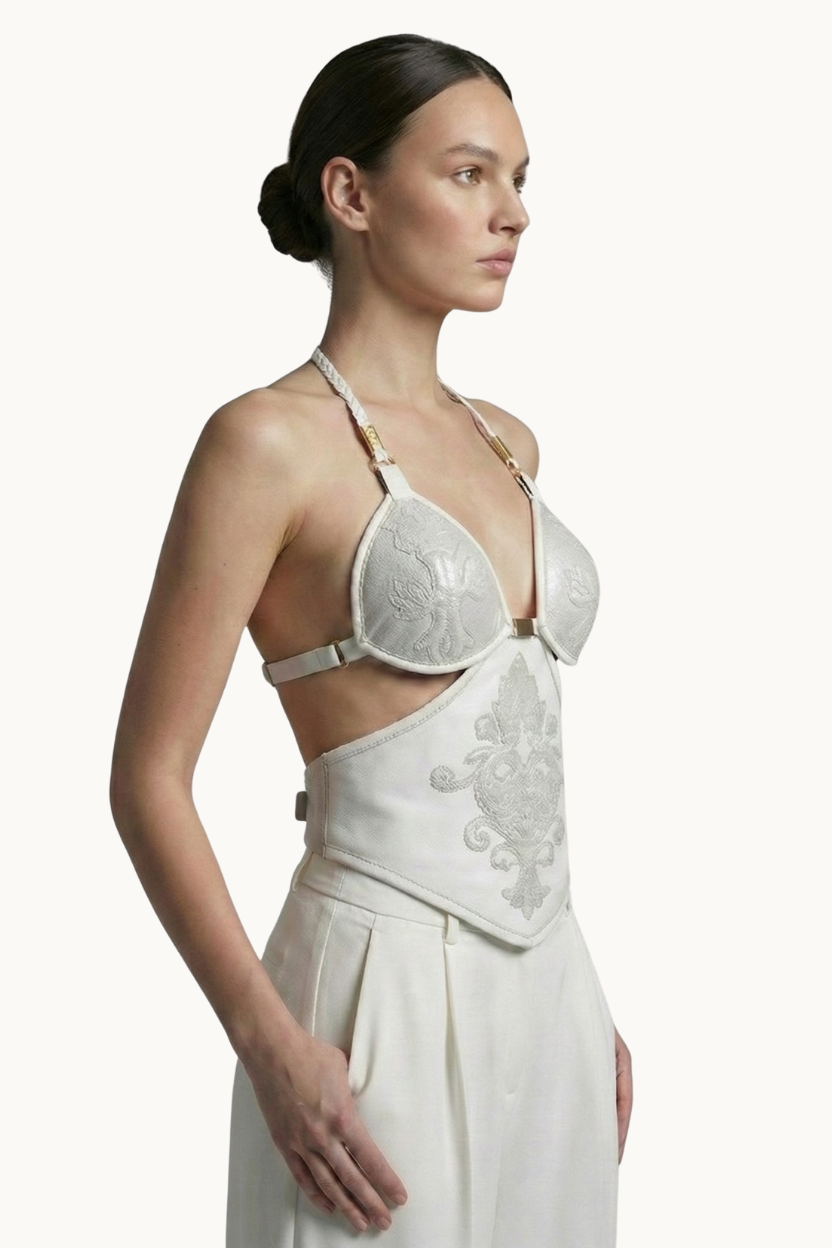 Top Corpiño Halter Color Marfil con Detalles Cosidos a Mano