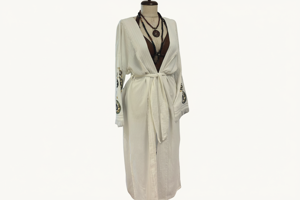 Handcrafted White Aerobin Kimono with Hand-Painted Motifs